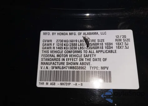 2021 Honda Odyssey Ex-L z USA, uszkodzony, nr VIN 5FNRL6H71MB038962